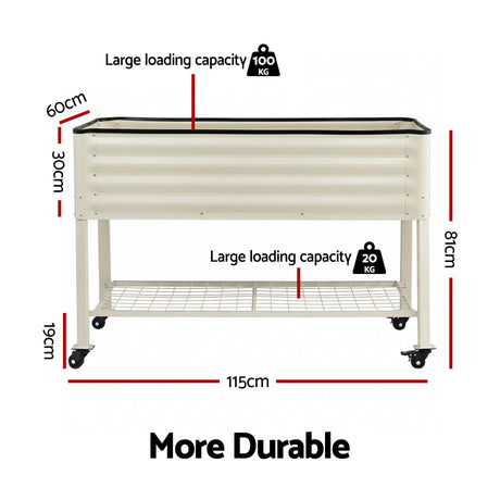 Green Fingers Mobile Raised Garden Bed With Wheels Storage Shelf 81cm Height for Vegetables Herb White