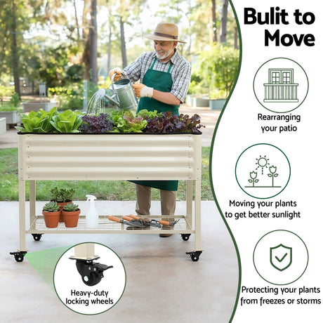 Green Fingers Mobile Raised Garden Bed With Wheels Storage Shelf 81cm Height for Vegetables Herb White