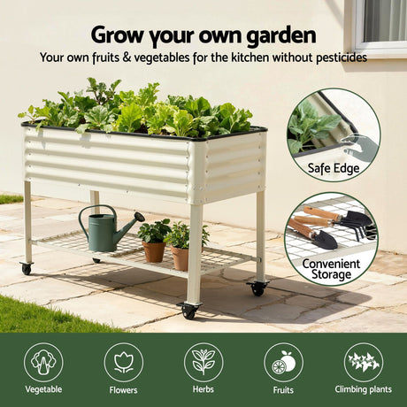 Green Fingers Mobile Raised Garden Bed With Wheels Storage Shelf 81cm Height for Vegetables Herb White