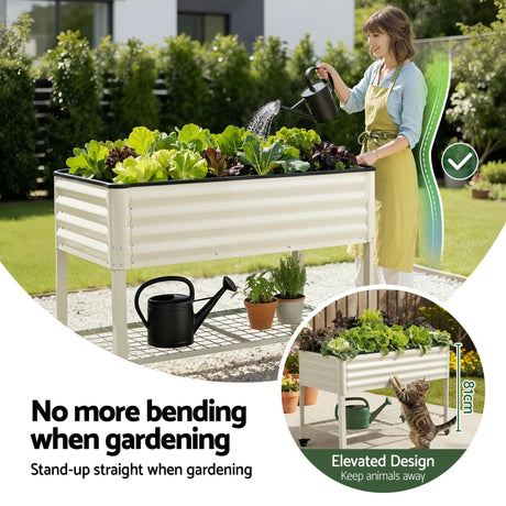 Green Fingers Mobile Raised Garden Bed With Wheels Storage Shelf 81cm Height for Vegetables Herb White