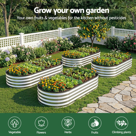 Green Fingers Raised Garden Bed Galvanised Oval Metal Planter Box Large Outdoor 150x70x30cm Silver