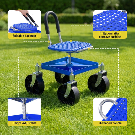 Gardeon Garden Cart Seat Rolling Stool 360 Swivel Height Adjustable Heavy Duty Blue