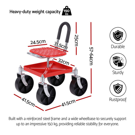 Gardeon Garden Cart Seat Rolling Stool 360 Swivel Height Adjustable Heavy Duty Red