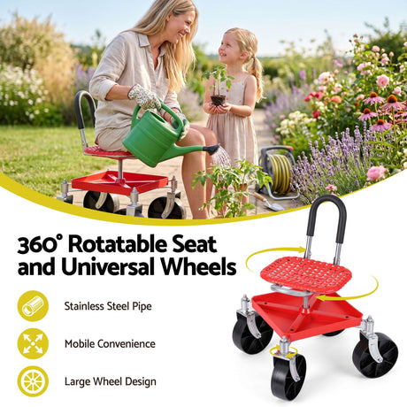 Gardeon Garden Cart Seat Rolling Stool 360 Swivel Height Adjustable Heavy Duty Red