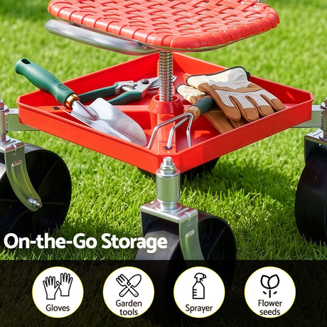 Gardeon Garden Cart Seat Rolling Stool 360 Swivel Height Adjustable Heavy Duty Red
