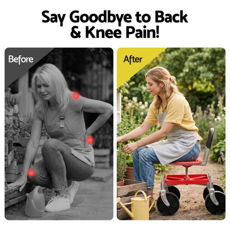 Gardeon Garden Cart Seat Rolling Stool 360 Swivel Height Adjustable Heavy Duty Red