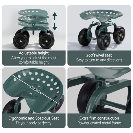 Gardeon Garden Seat 360 Swivel Rolling Adjustable Height Work Scooter Cart Wheels Heavy Duty 150kg