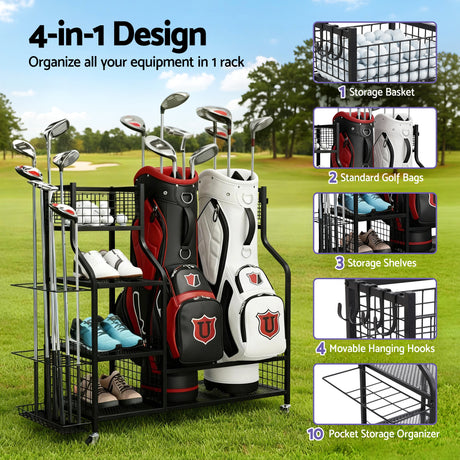 Everfit Golf Bag Storage Golf Storage Garage Organizer with Wheels Black