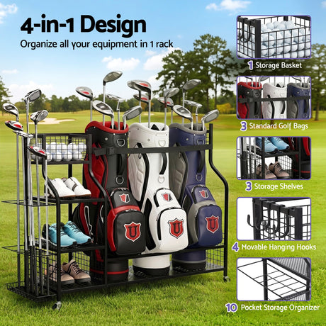 Everfit Golf 3 Bag Storage Golf Storage Garage Organizer with Wheels Black