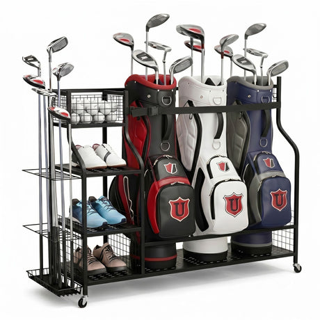 Everfit Golf 3 Bag Storage Golf Storage Garage Organizer with Wheels Black