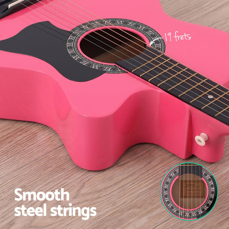 Alpha 38 Inch Acoustic Guitar Folk Cutaway Steel String Pink With Carry Bag