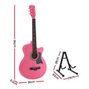 Alpha 38 Inch Acoustic Guitar Wooden Body Steel String Full Size w/ Stand Pink