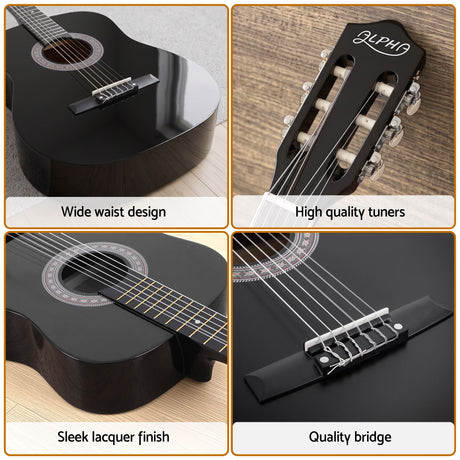 Alpha 38 Inch Acoustic Guitar Full Size Classical Cutaway Nylon String Black