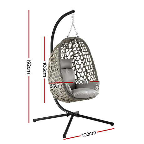 Gardeon Outdoor Swing Chair with Stand Cushion Rattan Furniture Grey