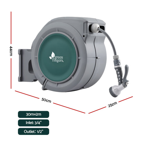 Green Fingers 30m Retractable Water Hose Reel, Wall Mounted Garden Hose 9-Pattern Nozzle