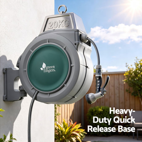 Green Fingers 30m Retractable Water Hose Reel, Wall Mounted Garden Hose 9-Pattern Nozzle