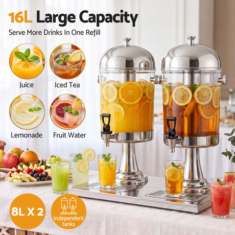 5-Star Chef 16L Dual Tank Juice Dispenser Drink Beverage Server Ice Tubes