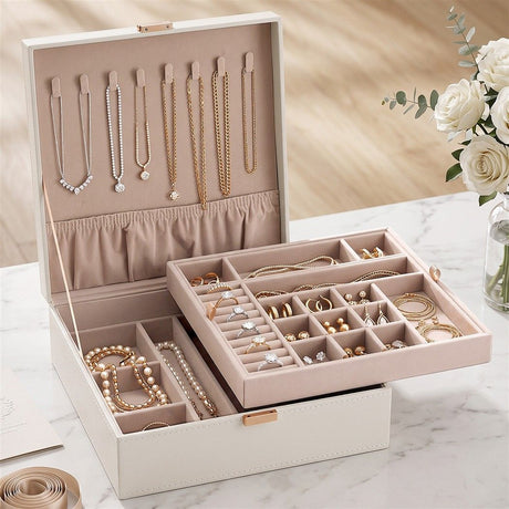 Embellir Jewellery Box 2 Layer Storage Organiser Leather Display White