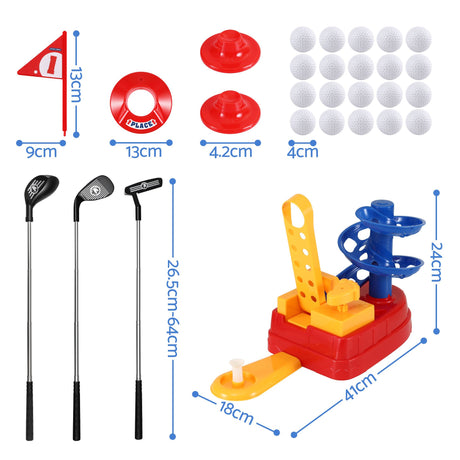 Keezi Kids Golf Toy Set with 20 Balls & 3 Adjustable Clubs, Foot Pedal Ball Launcher Portable Training Toy, Indoor Outdoor Backyard Sports Game for Ages 3-8
