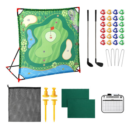 Keezi Kids Golf Chipping Game Set with Stand, 24 Sticky Balls, Adjustable Club & 2 Hitting Mats for Indoor Outdoor Ages 3-12 Play
