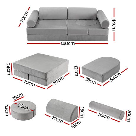 Keezi 12PCS Modular Kids Play Couch Foam Sofa Set with Removable Washable Cover Grey Playroom