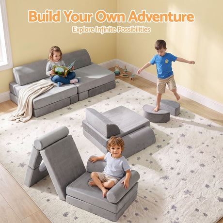 Keezi 12PCS Modular Kids Play Couch Foam Sofa Set with Removable Washable Cover Grey Playroom