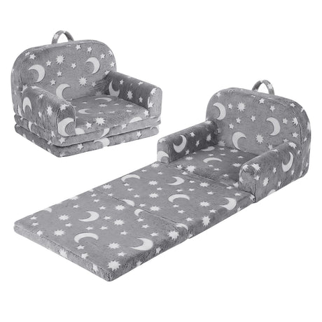 Keezi Kids 2-in-1 Fold Out Sofa Bed with Removable Washable Cover, Carry Handle, Storage Pocket, Glow in the Dark, Grey