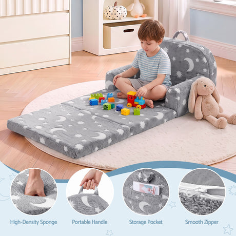 Keezi Kids 2-in-1 Fold Out Sofa Bed with Removable Washable Cover, Carry Handle, Storage Pocket, Glow in the Dark, Grey