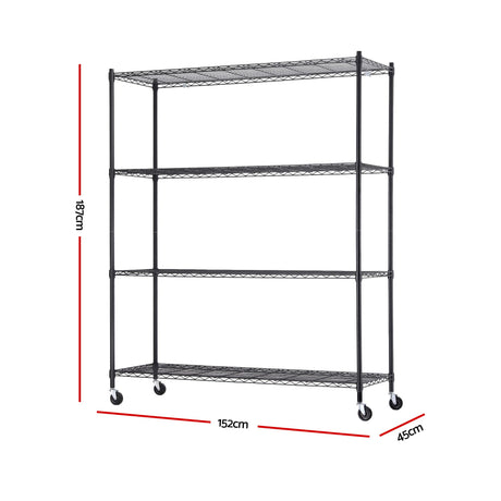 Artiss 4-Tier Kitchen Rack Shelf with Wheels Shelving 152x45x187CM Adjustable Metal Storage Shelves