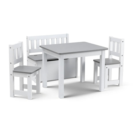 Keezi 2 in 1 Kids Table and Chair Set, Activity Table with Storage Bench and 2 Chairs for Reading, Drawing, Writing, Snack Time & Arts Crafts, 4 PCS Toddler Table and Chair Set, Grey