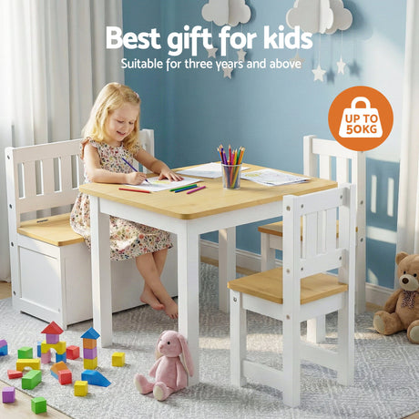 Keezi 2 in 1 Kids Table and Chair Set, Activity Table with Storage Bench and 2 Chairs for Reading, Drawing, Writing, Snack Time & Arts Crafts, 4 PCS Toddler Table and Chair Set, Natural