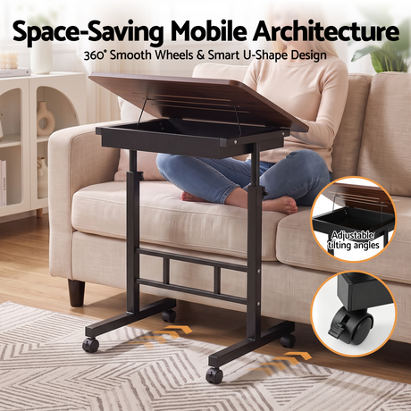 Artiss Adjustable Laptop Desk Mobile Bedside Table Hidden Storage Walnut