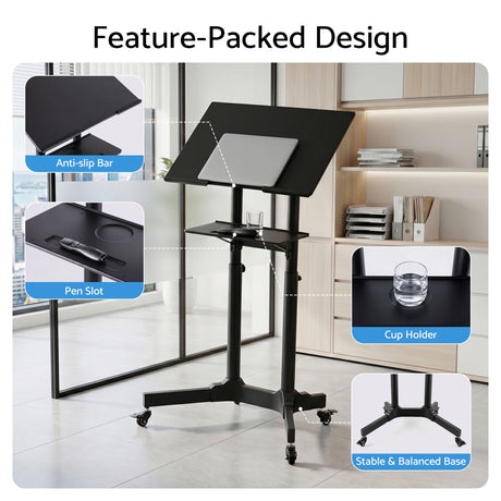 Artiss Mobile Lectern Stand, Adjustable Sit-to-Stand Presentation Podium w/ Wheels Black