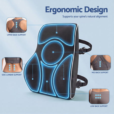 Artiss Ergonomic Lumbar Support Cushion for Office Chair and Car Memory Foam Lumbar Pillow for Back, Breathable Back Support Pillow with Adjustable Straps for Office Gaming Car Home