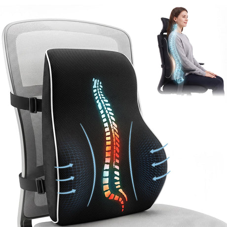 Artiss Ergonomic Lumbar Support Cushion for Office Chair and Car Memory Foam Lumbar Pillow for Back, Breathable Back Support Pillow with Adjustable Straps for Office Gaming Car Home
