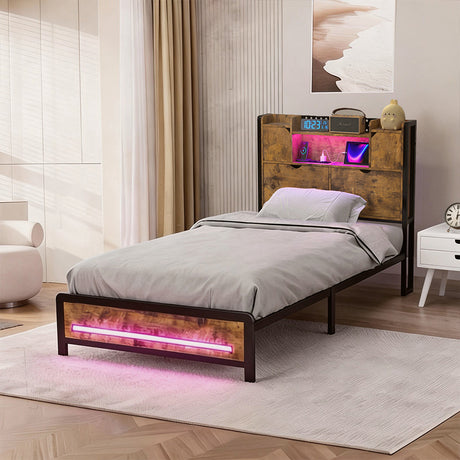 Levede Single Bed Frame Storage Headboard Industrial-2050056749062426630