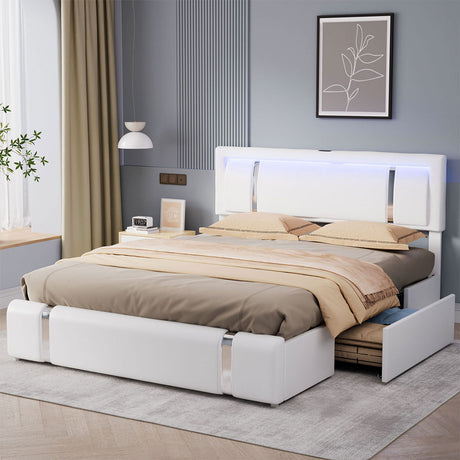Levede King Bed Frame Leather Headboard RGB 2 Drawers-2050056740011118598