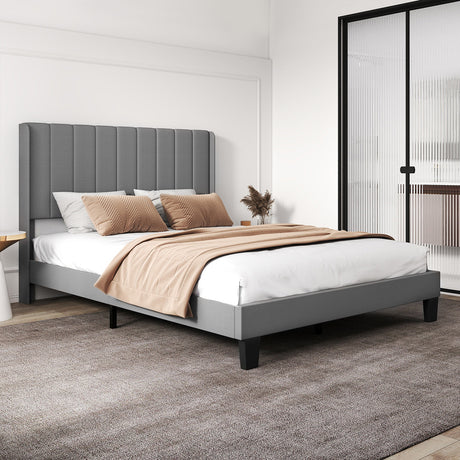Levede Metal Wooden Bed Frame Queen Panel Plush Upholstered Soft Headboard Grey-2050056770835058694