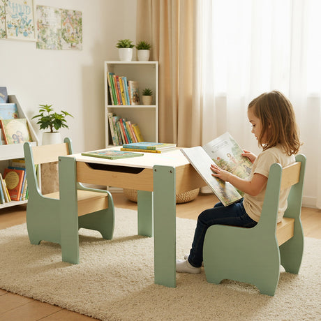Levede Kids Table and Chairs Set 3-in-1 Chalkboard Storage Learning Dining Desk-2050056790908997638