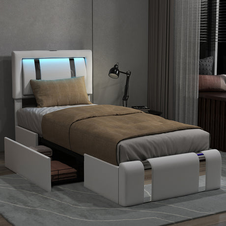 Levede Single Bed Frame Leather Headboard RGB 2 Drawers-2050056740216639494