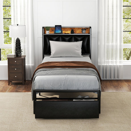 Levede Single Bed Frame Leather Headboard RGB 2 Drawers-2050056739788820486