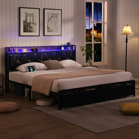 Levede King Bed Frame Leather Headboard RGB 2 Drawers-2050056739612659718