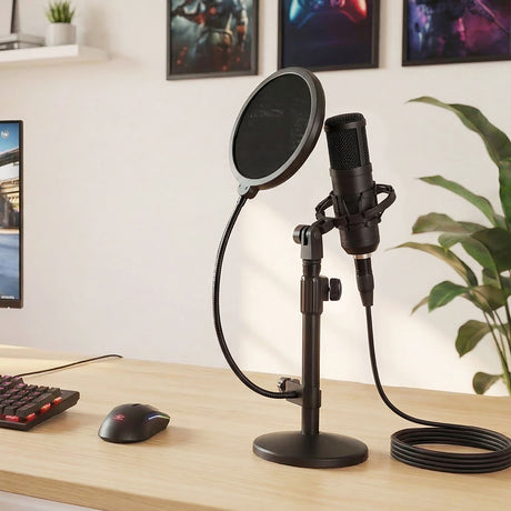 Levede Desktop Microphone Stand Adjustable Pop Filter Shock Mount Base Kit Black-2050056791613640710