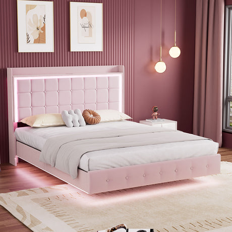 Levede King Floating Bed Frame LED Headboard USB Pink-2050056739193229319