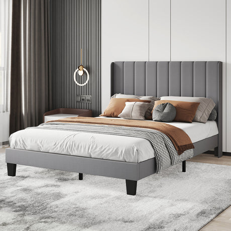 Levede Metal Wooden Bed Frame Double Panel Plush Upholstered Soft Headboard Grey-2050056770482737159