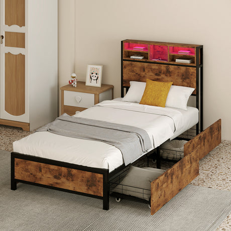 Levede Single Bed Frame Industrial Storage LED Charing-2050056748655579143