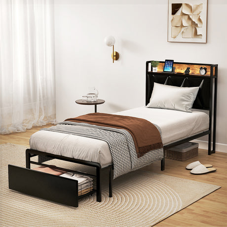 Levede Single Bed Frame Leather Headboard RGB 2 Drawers-2050056739788820487
