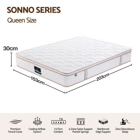 Giselle 30cm Queen Spring Mattress Tencel Cover 5-Zone Firm Back Support