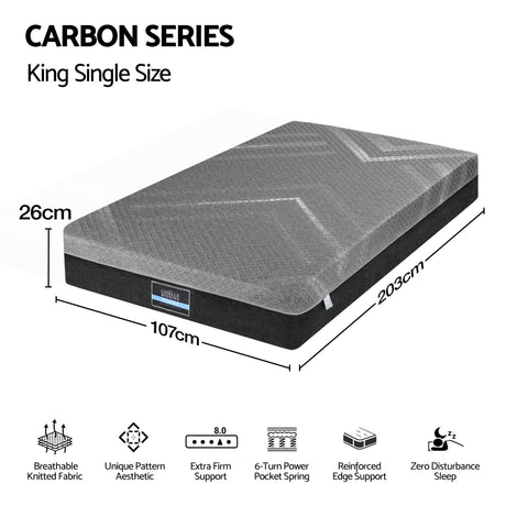 Giselle King Single Mattress 26cm Firm Pocket Spring Dual Edge Support Dark Grey