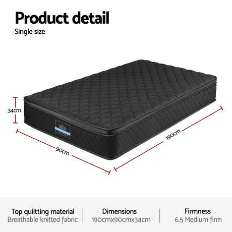 Giselle Bedding Single Mattress 34cm Euro Top with 5-Zone Pocket Spring Support Black